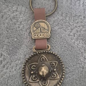 Brass Keychain Mexico Leather Fob Charro Hat Pyramid Emblem Mexico Round Charm
